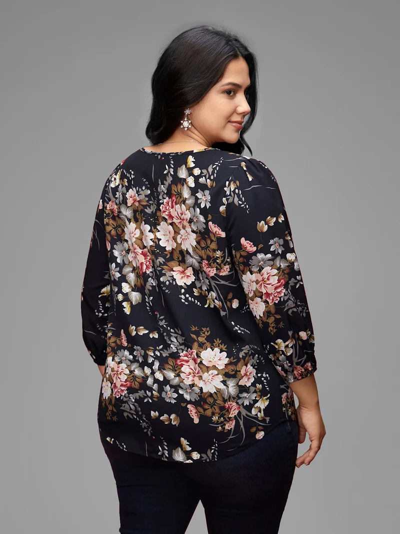 Half Zipper Front Floral Blouse
