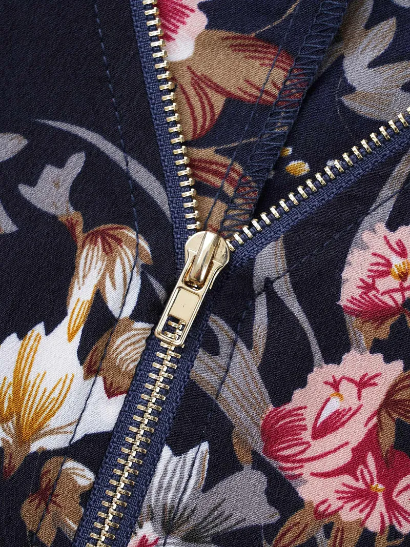 Half Zipper Front Floral Blouse