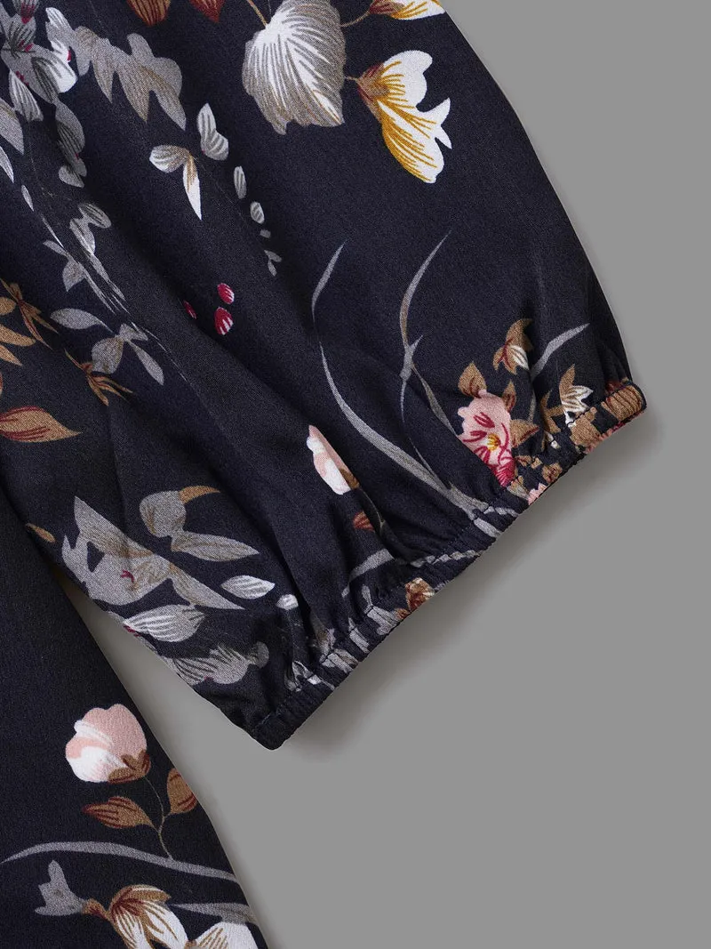 Half Zipper Front Floral Blouse