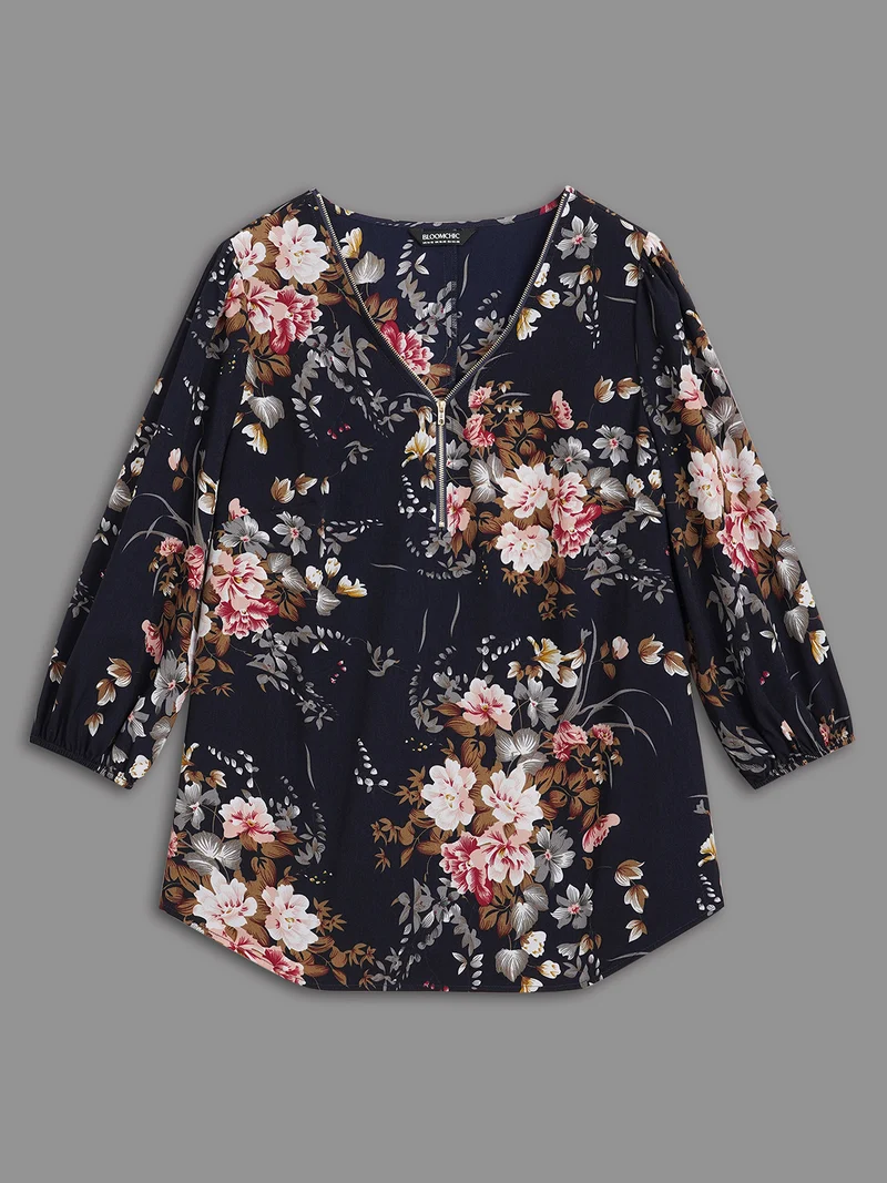 Half Zipper Front Floral Blouse