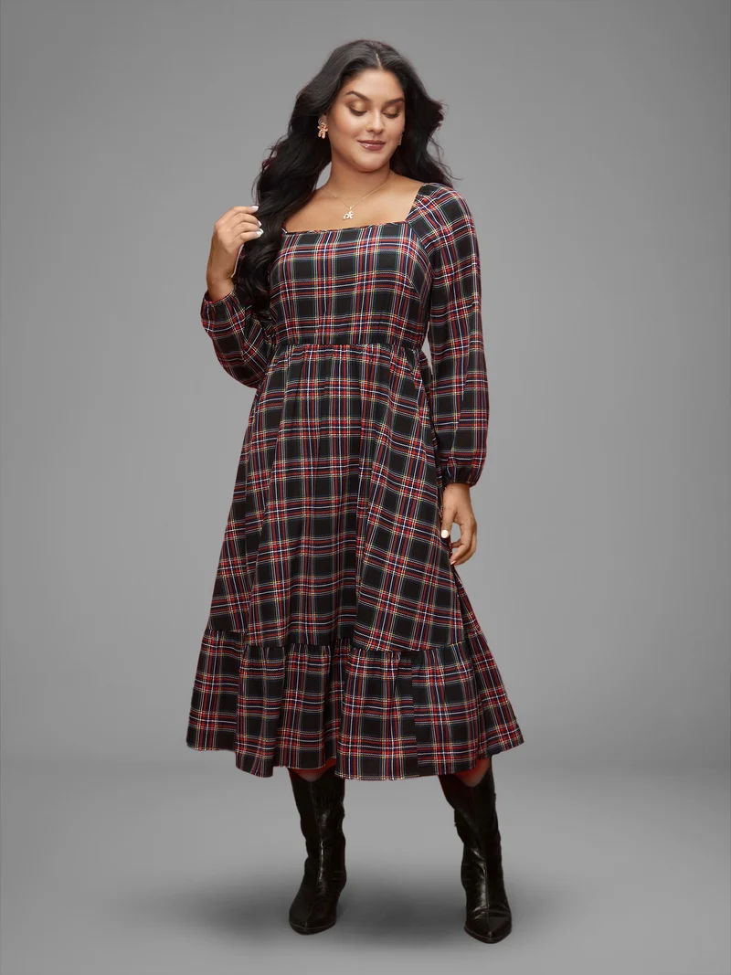 Plaid Square Neckline Puffy Sleeve Midi Dress