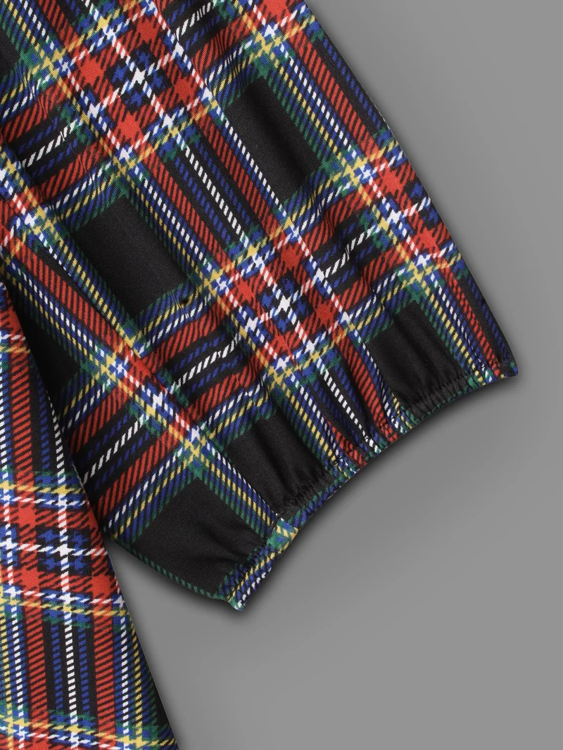 Plaid Square Neckline Puffy Sleeve Midi Dress