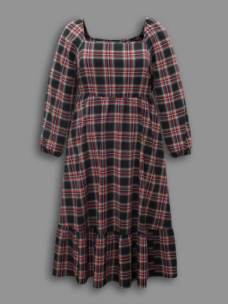 Plaid Square Neckline Puffy Sleeve Midi Dress