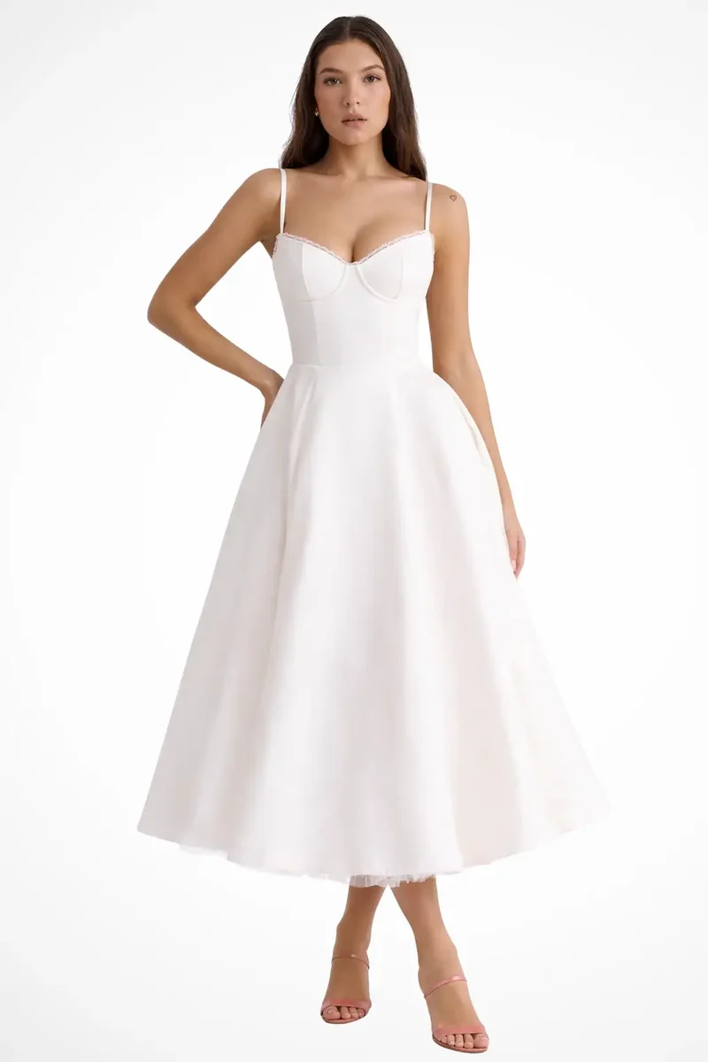 Women's Structured Corset Midi Dress | Flared Elegant Formal Gown