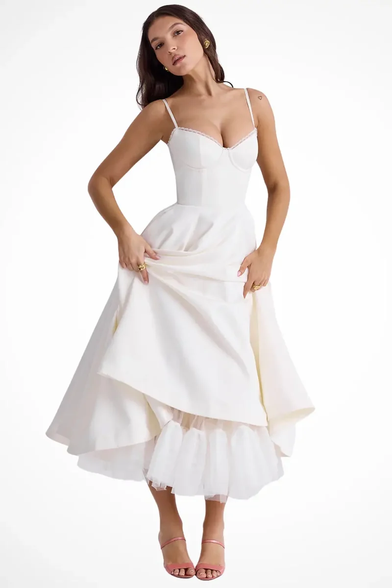 Women's Structured Corset Midi Dress | Flared Elegant Formal Gown
