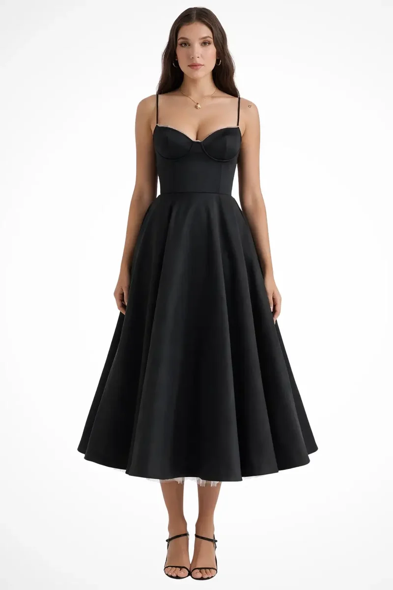 Women's Structured Corset Midi Dress | Flared Elegant Formal Gown