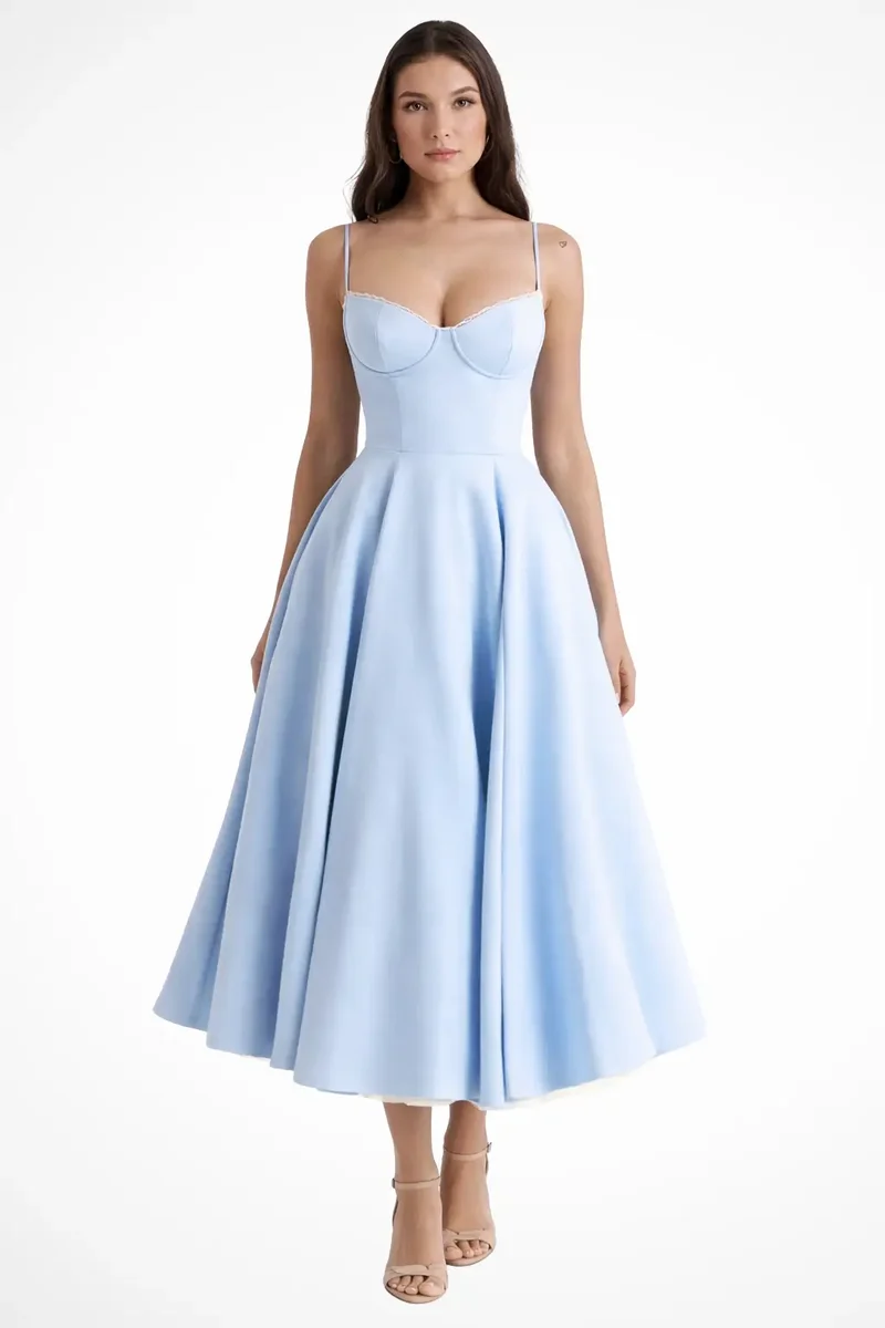 Women's Structured Corset Midi Dress | Flared Elegant Formal Gown