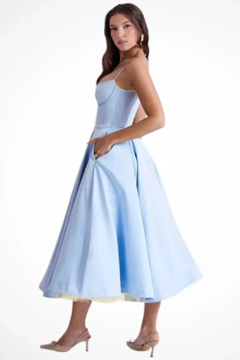 Women's Structured Corset Midi Dress | Flared Elegant Formal Gown