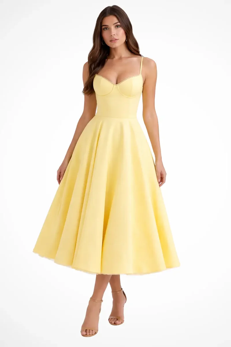Women's Structured Corset Midi Dress | Flared Elegant Formal Gown
