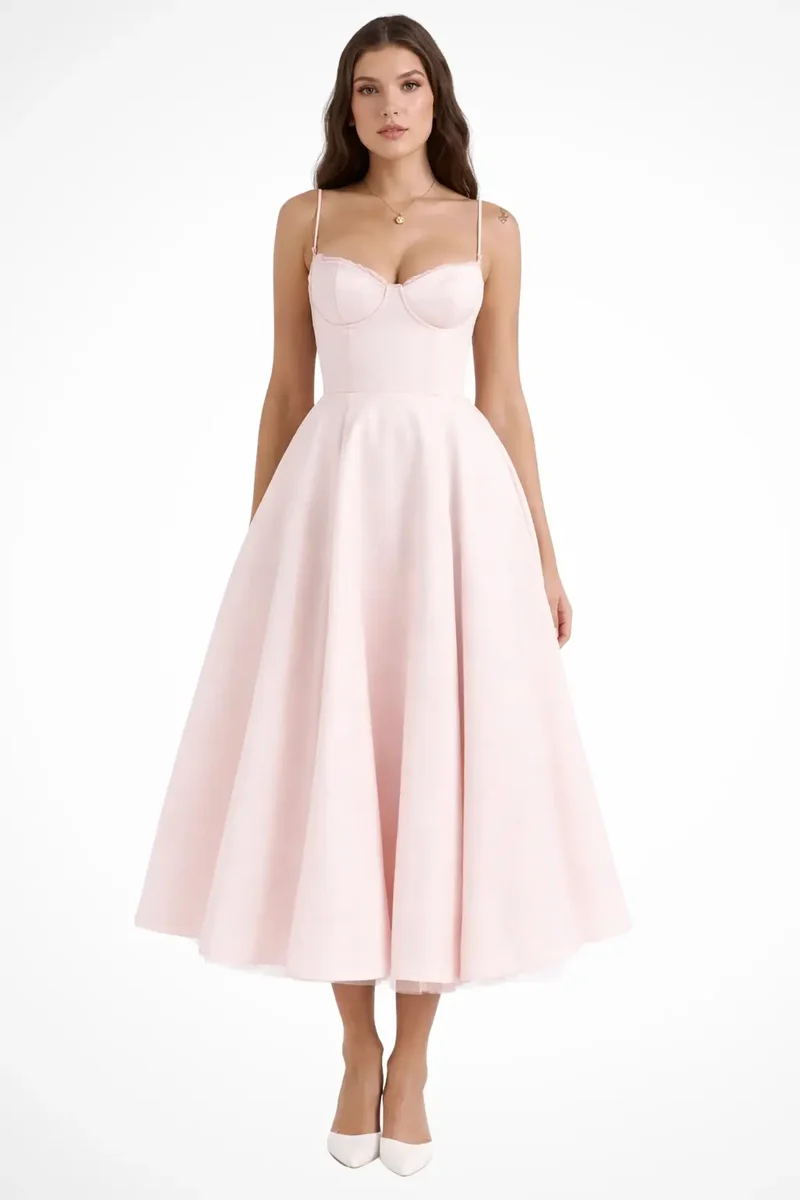 Women's Structured Corset Midi Dress | Flared Elegant Formal Gown