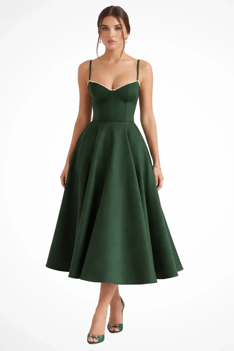 Women's Structured Corset Midi Dress | Flared Elegant Formal Gown
