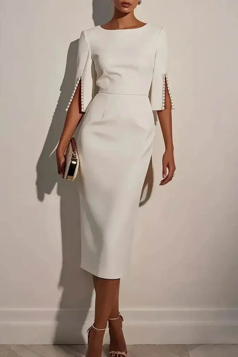 Women's Structured Midi Dress | Bead Detail Split Sleeve Design