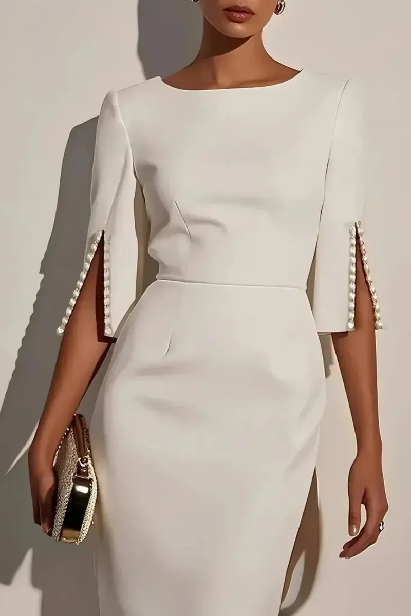 Women's Structured Midi Dress | Bead Detail Split Sleeve Design
