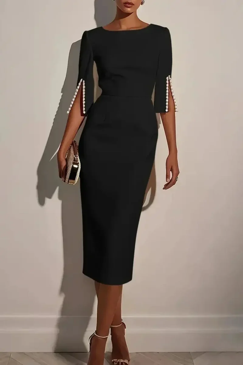 Women's Structured Midi Dress | Bead Detail Split Sleeve Design
