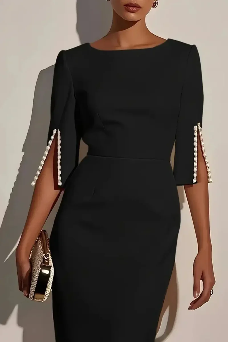 Women's Structured Midi Dress | Bead Detail Split Sleeve Design