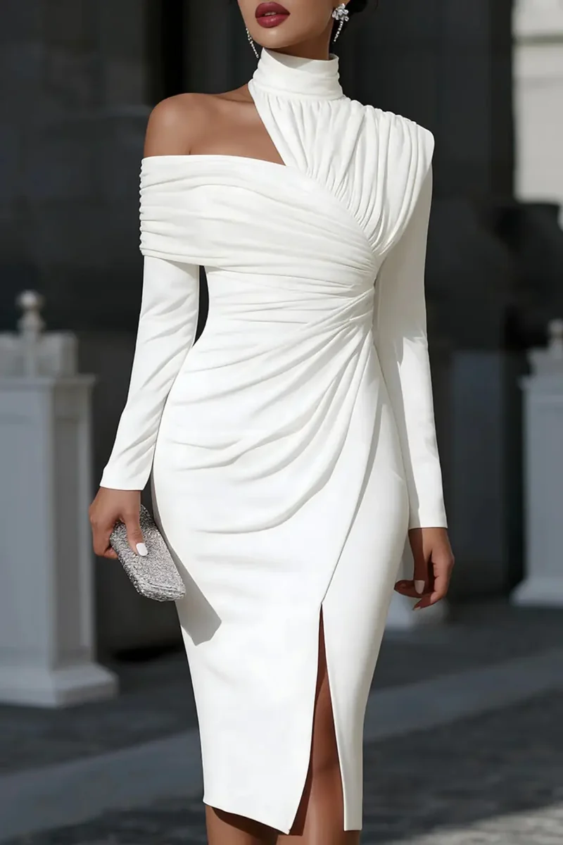 Women's Asymmetric One-Shoulder Midi Dress | Structured Draped Design