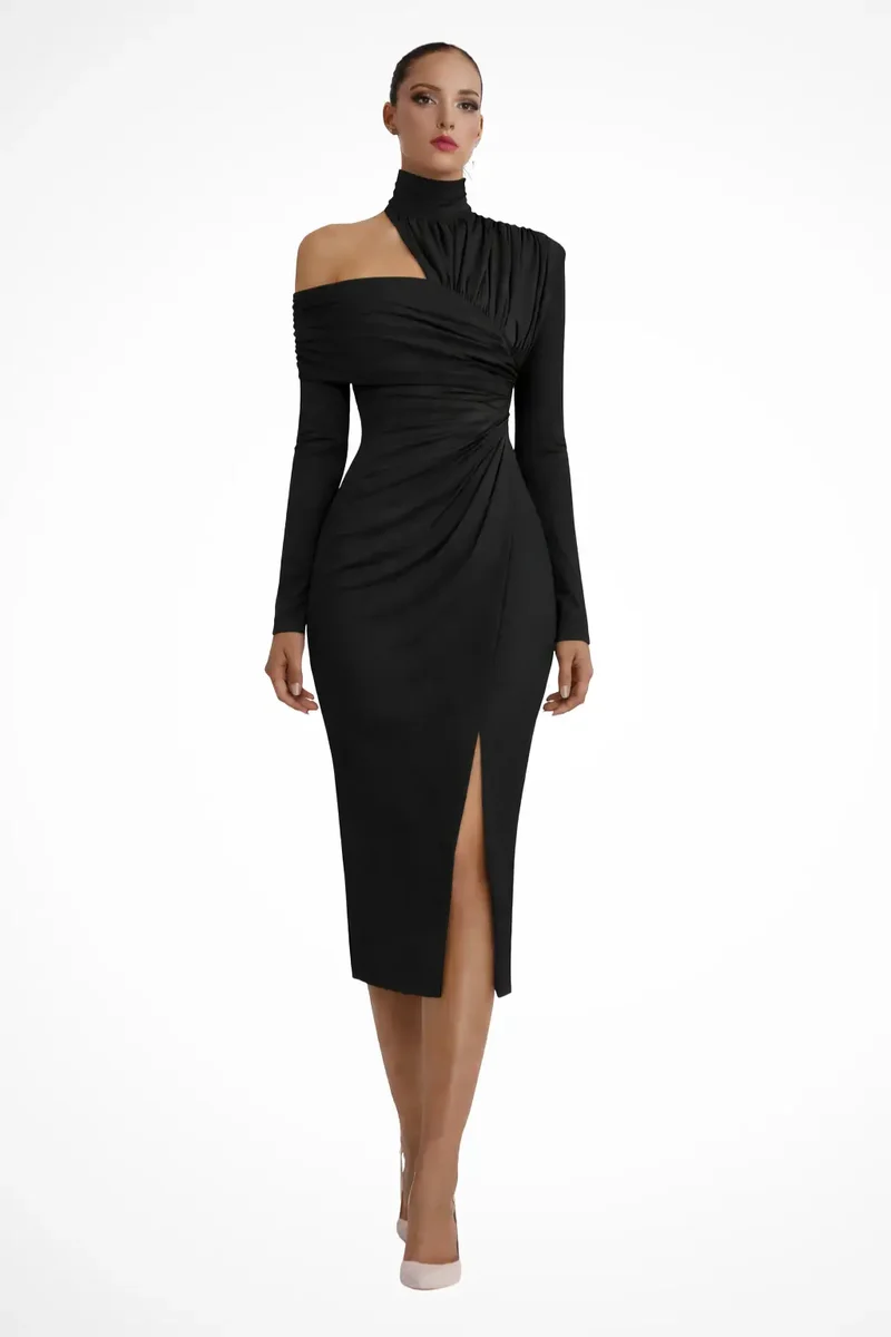 Women's Asymmetric One-Shoulder Midi Dress | Structured Draped Design