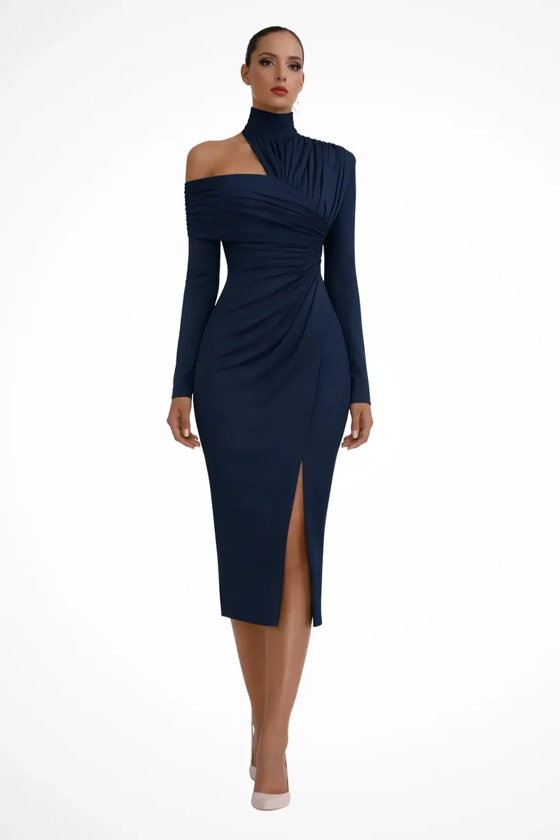 Women's Asymmetric One-Shoulder Midi Dress | Structured Draped Design