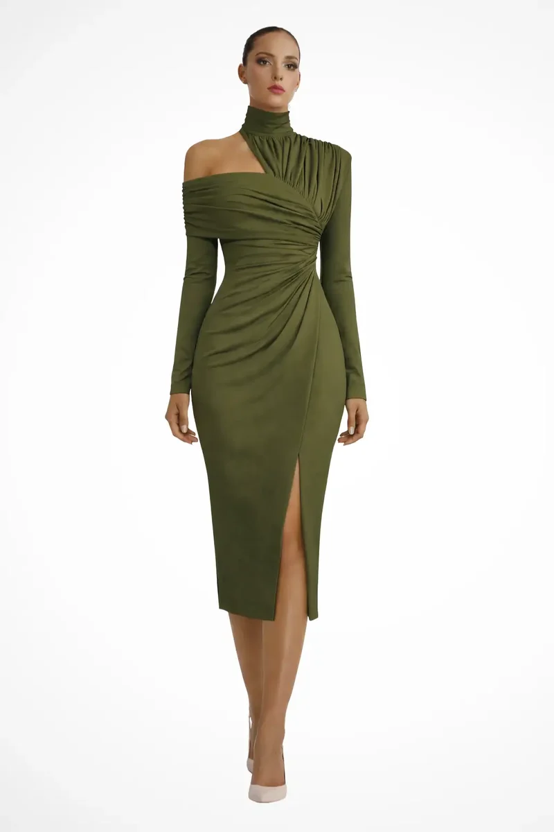 Women's Asymmetric One-Shoulder Midi Dress | Structured Draped Design