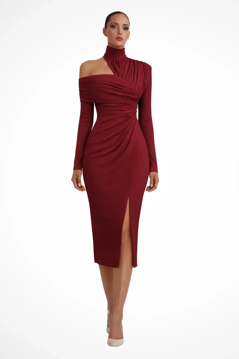 Women's Asymmetric One-Shoulder Midi Dress | Structured Draped Design