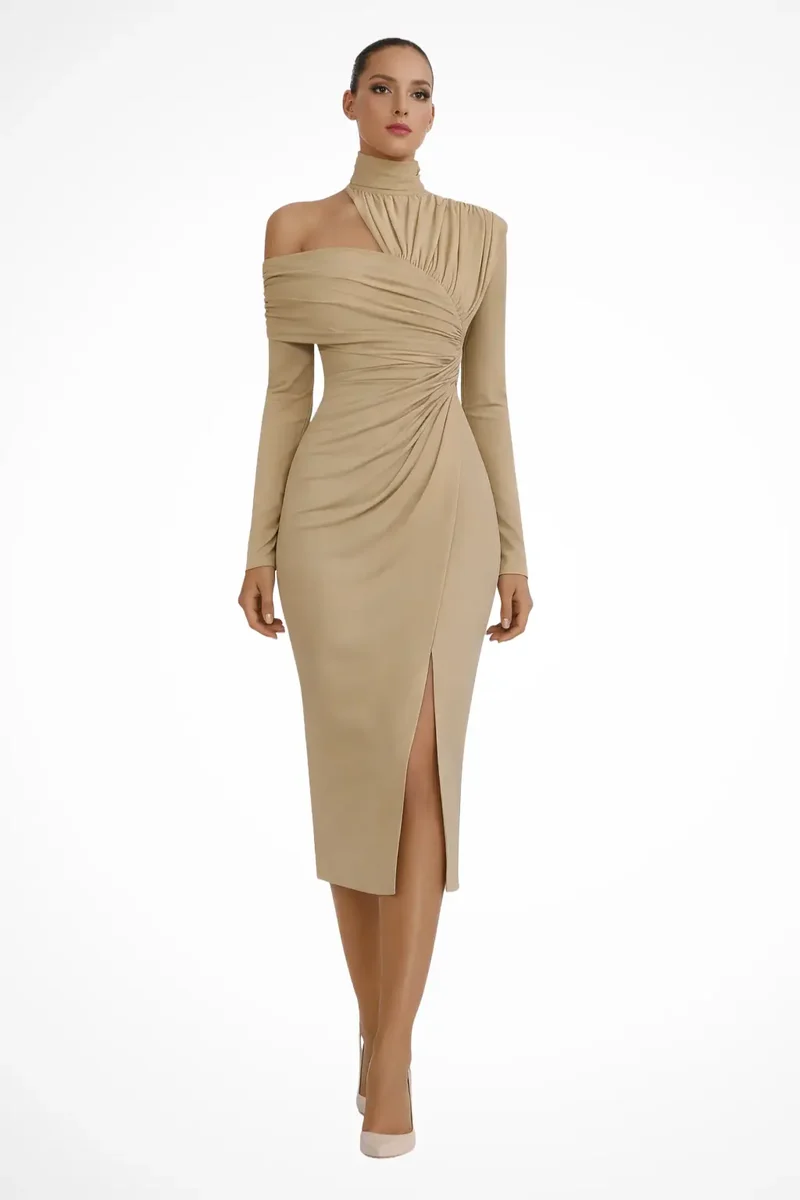 Women's Asymmetric One-Shoulder Midi Dress | Structured Draped Design