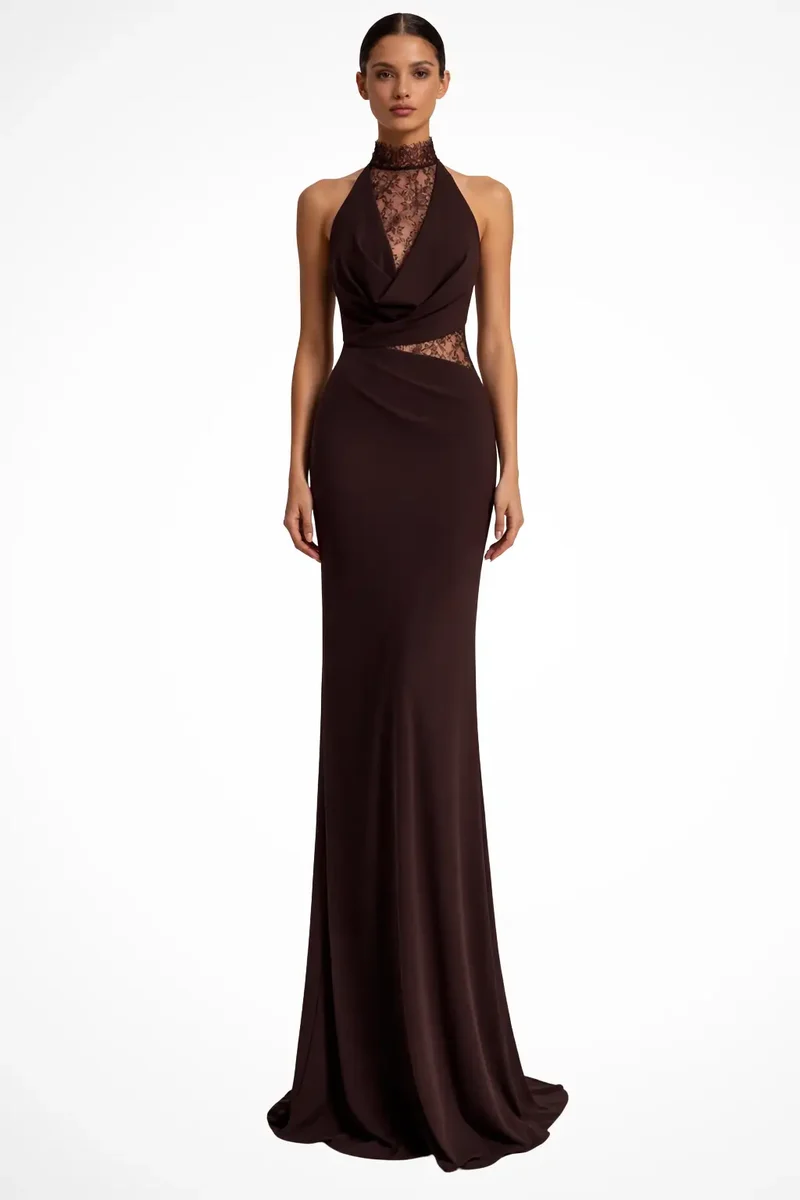 Women's Lace Halter Neck Maxi Dress | Refined Sleeveless Formal Gown