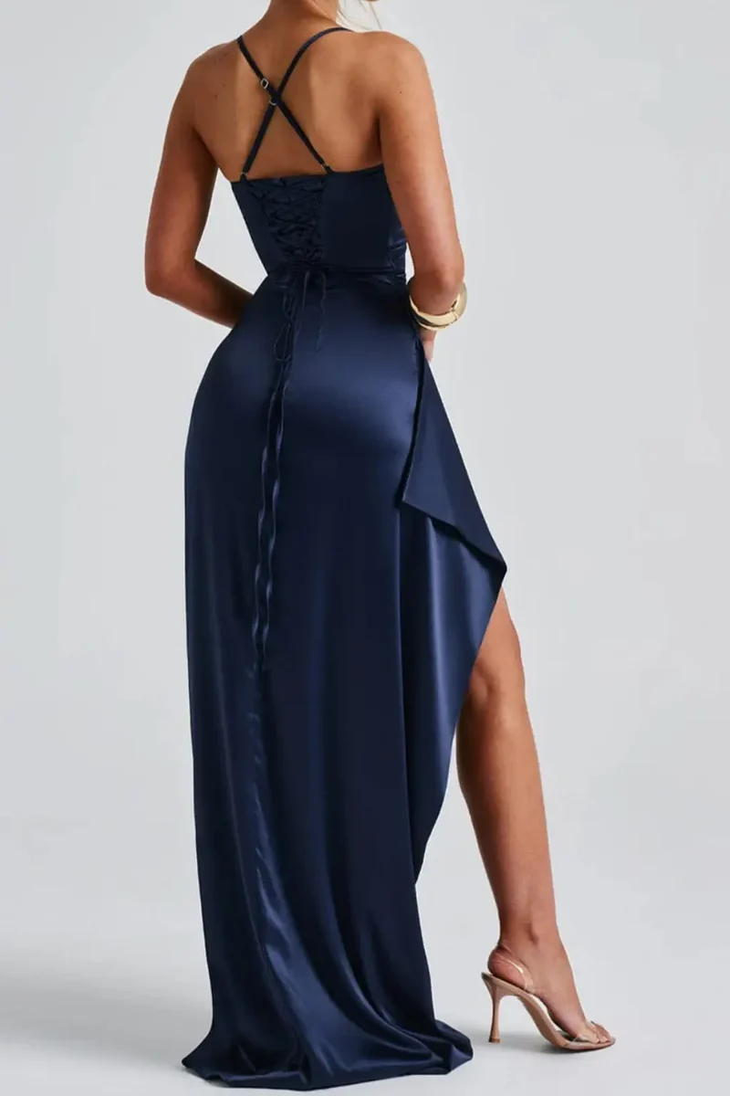 Women's Satin Maxi Dress | Ruched High Slit Evening Gown