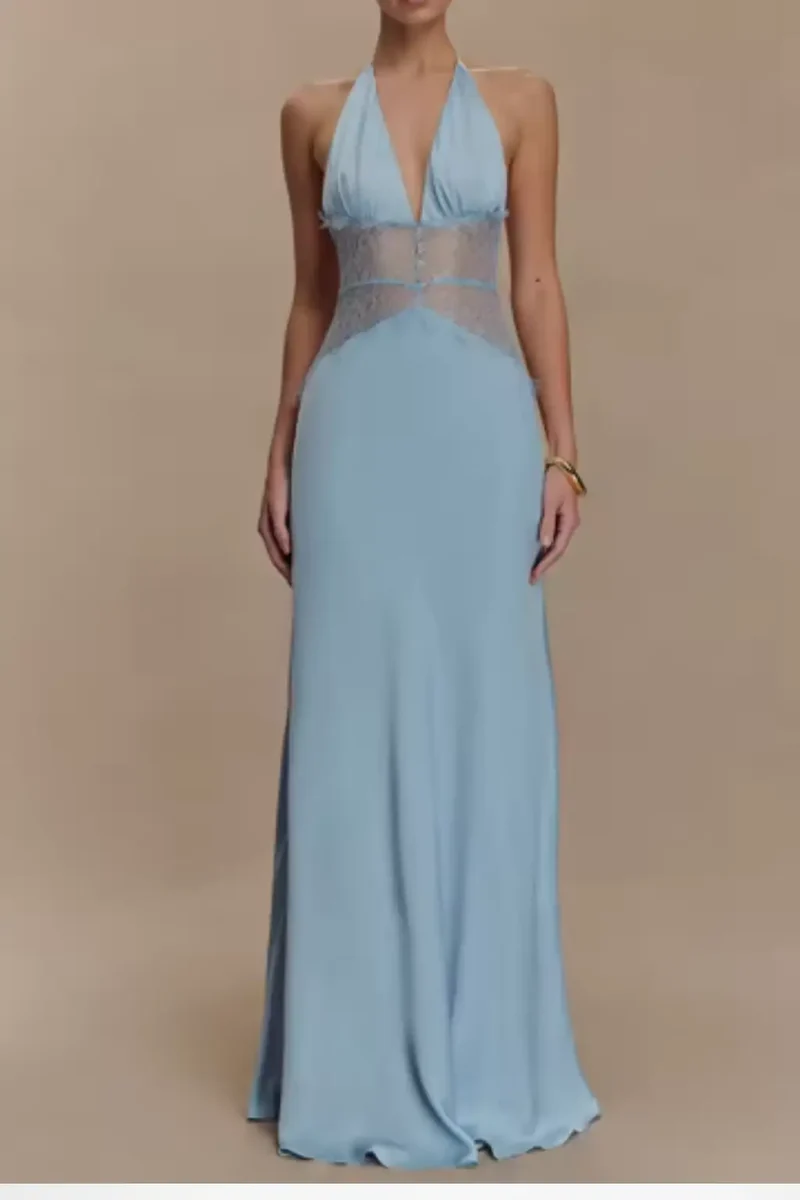 Women's Lace Maxi Dress | Modern Halter Neck Backless Design