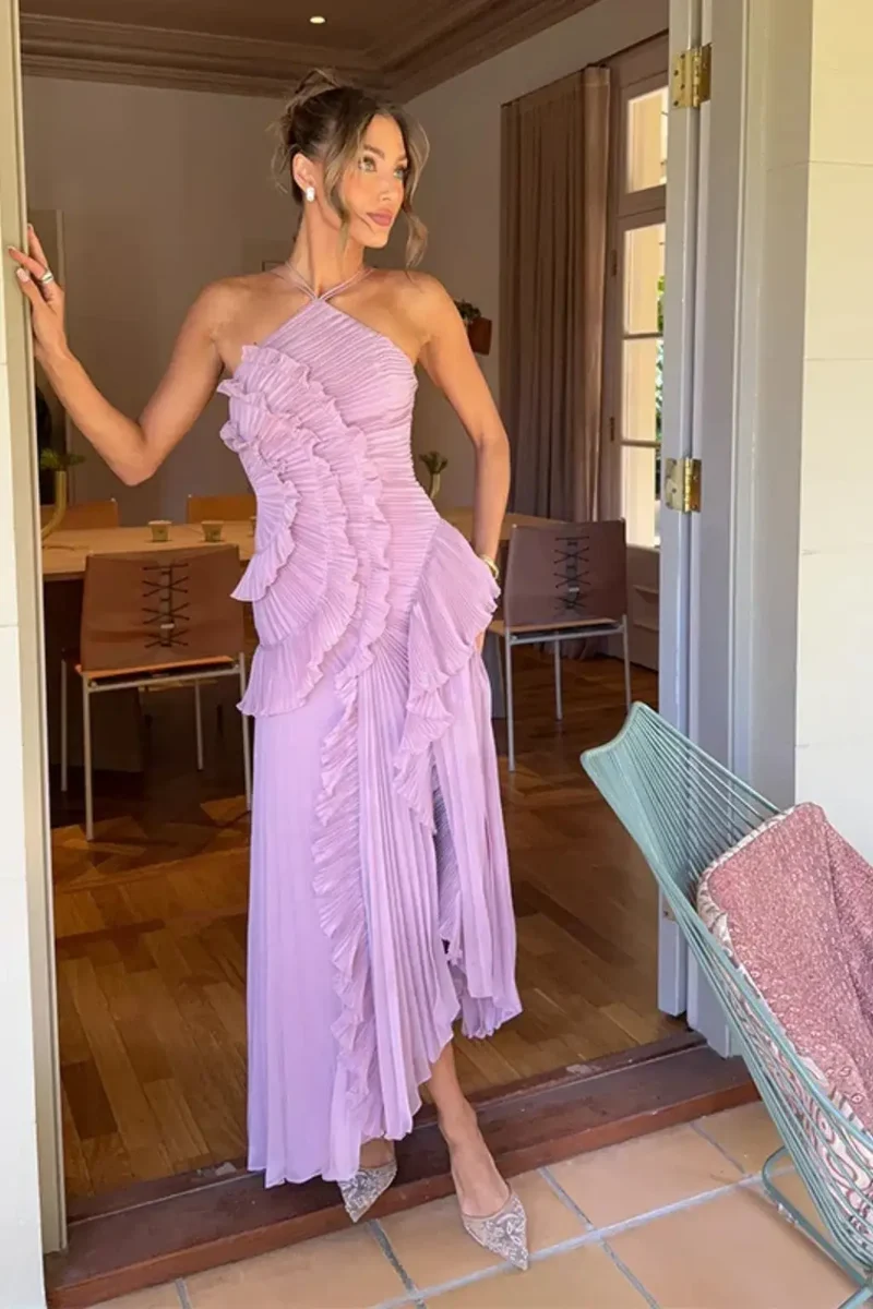 Women's Pleated Fabric Maxi Dress | Layered Ruffle Halter Style