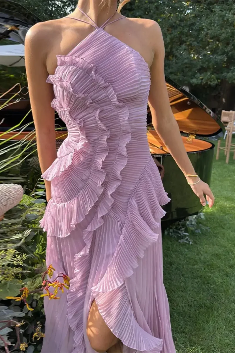 Women's Pleated Fabric Maxi Dress | Layered Ruffle Halter Style