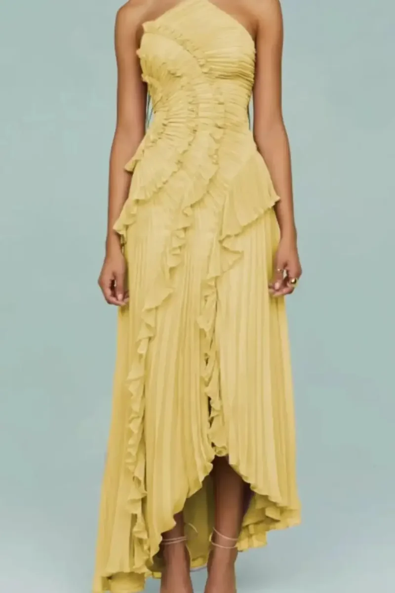 Women's Pleated Fabric Maxi Dress | Layered Ruffle Halter Style