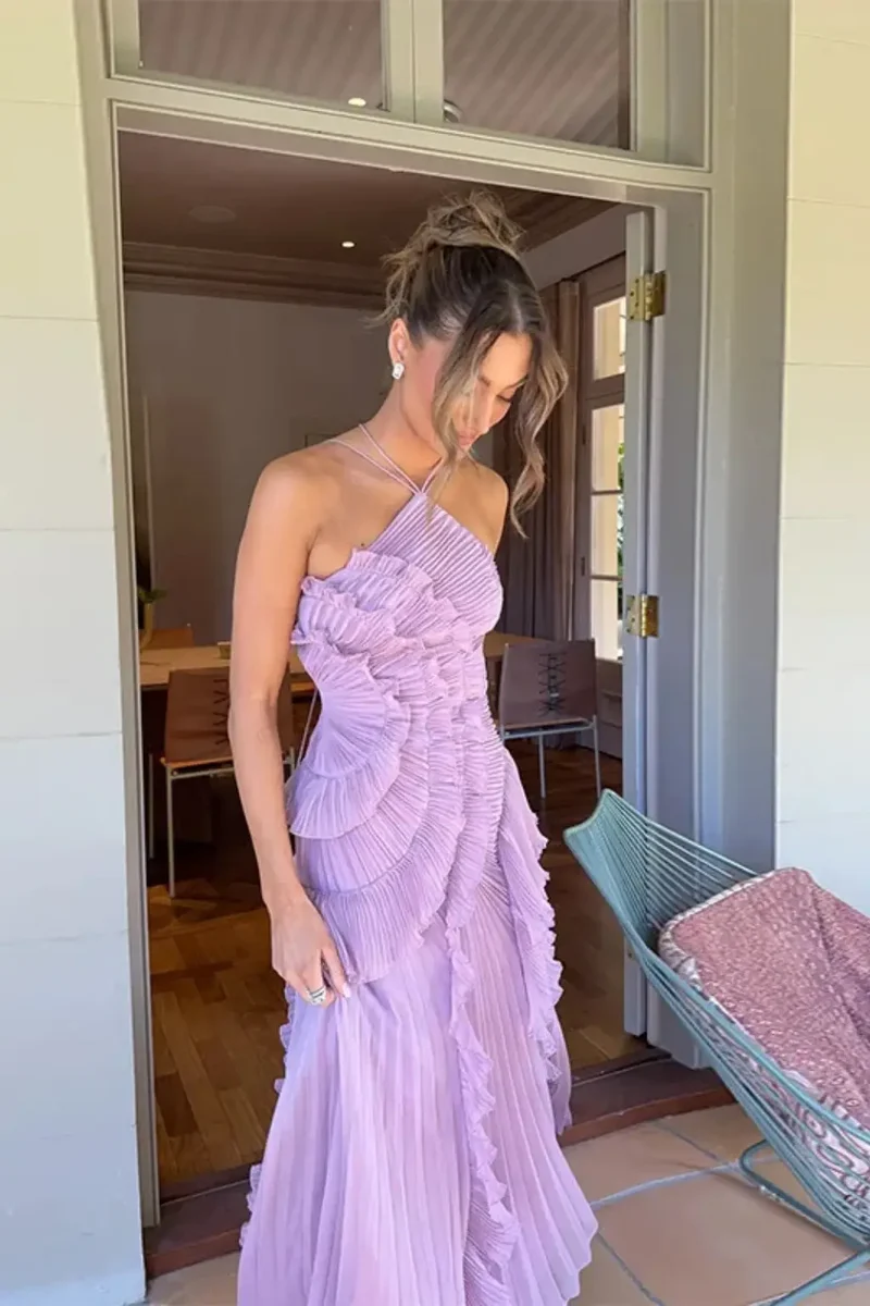 Women's Pleated Fabric Maxi Dress | Layered Ruffle Halter Style