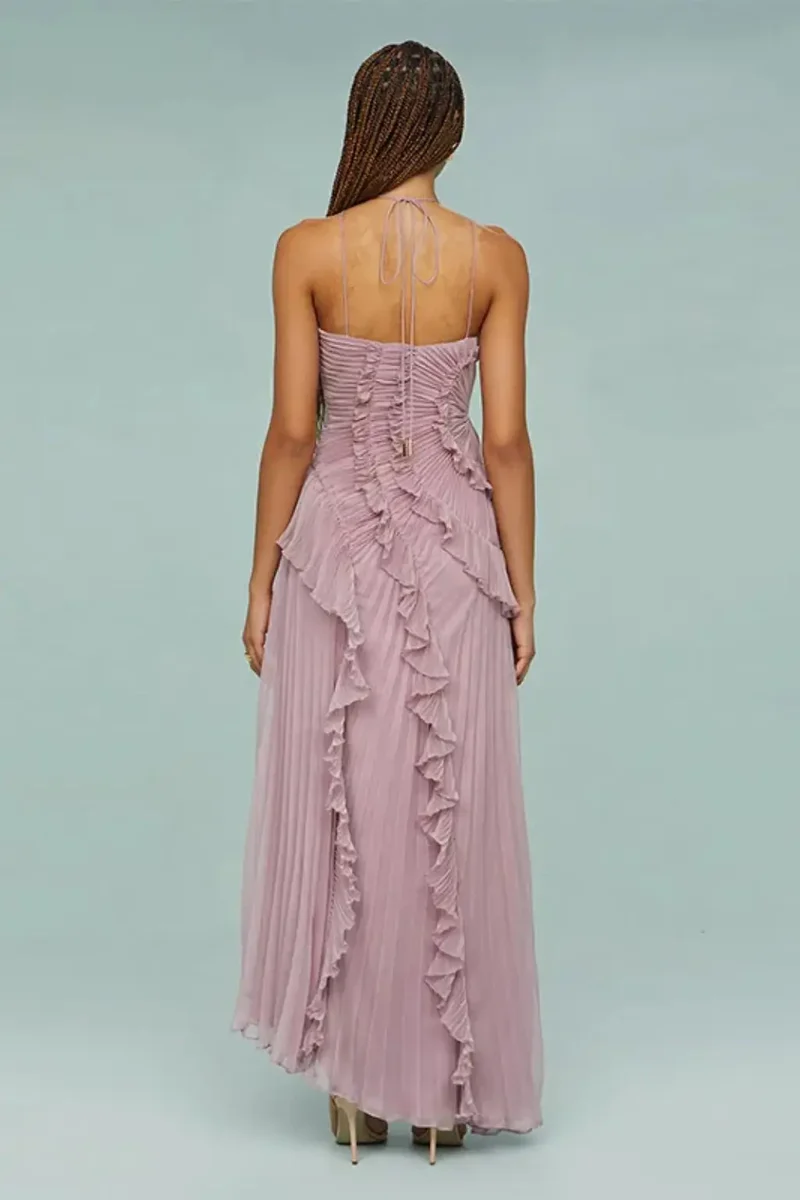 Women's Pleated Fabric Maxi Dress | Layered Ruffle Halter Style