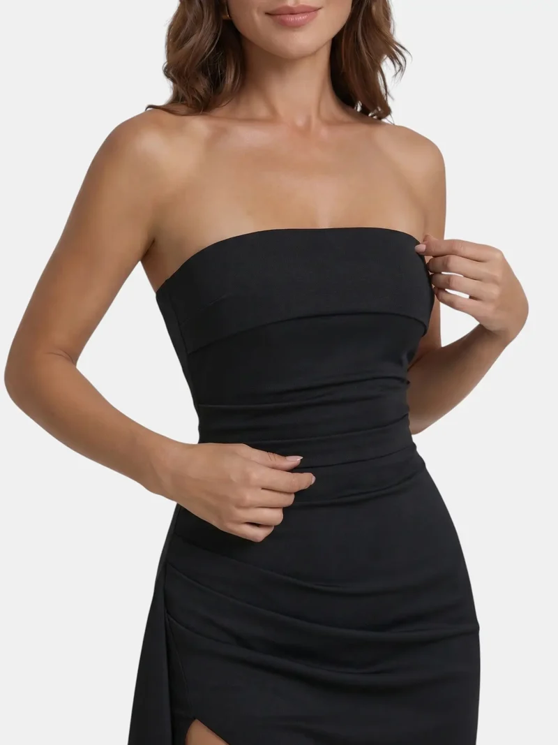 Women's Smooth Fabric Strapless Maxi Dress | Dramatic Side Slit Design