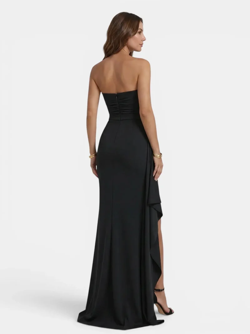 Women's Smooth Fabric Strapless Maxi Dress | Dramatic Side Slit Design