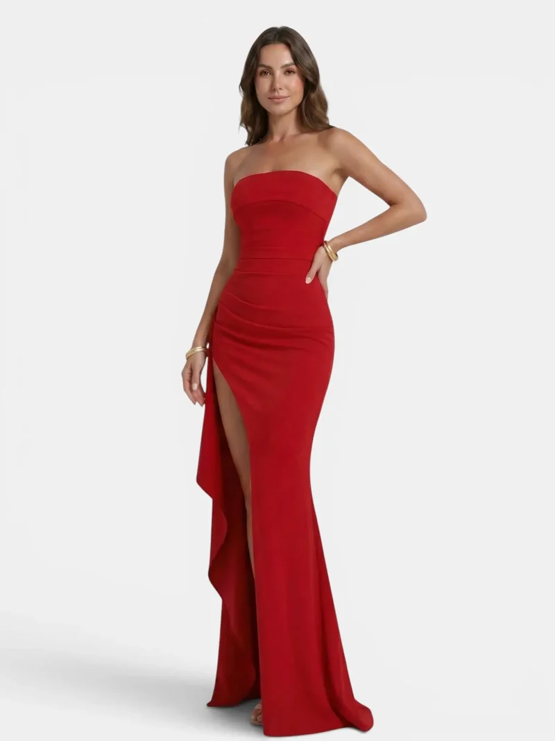 Women's Smooth Fabric Strapless Maxi Dress | Dramatic Side Slit Design