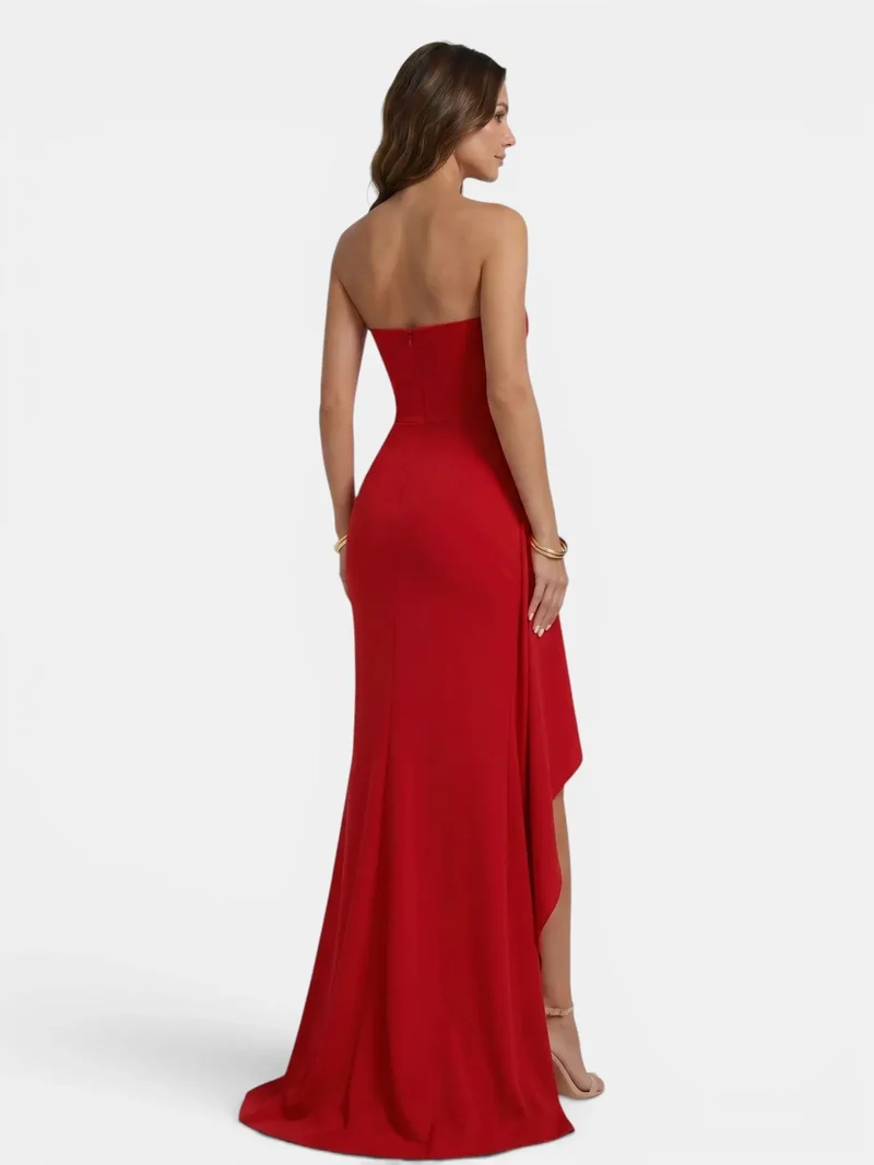 Women's Smooth Fabric Strapless Maxi Dress | Dramatic Side Slit Design