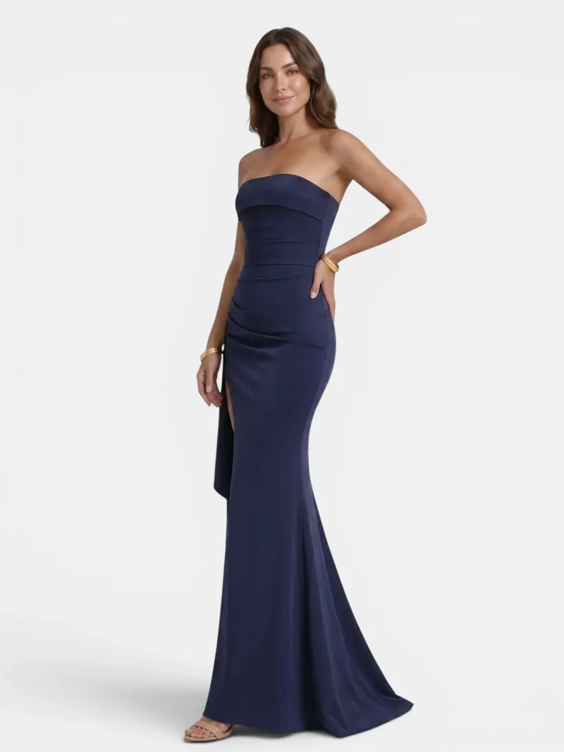 Women's Smooth Fabric Strapless Maxi Dress | Dramatic Side Slit Design