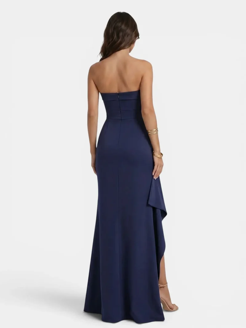 Women's Smooth Fabric Strapless Maxi Dress | Dramatic Side Slit Design