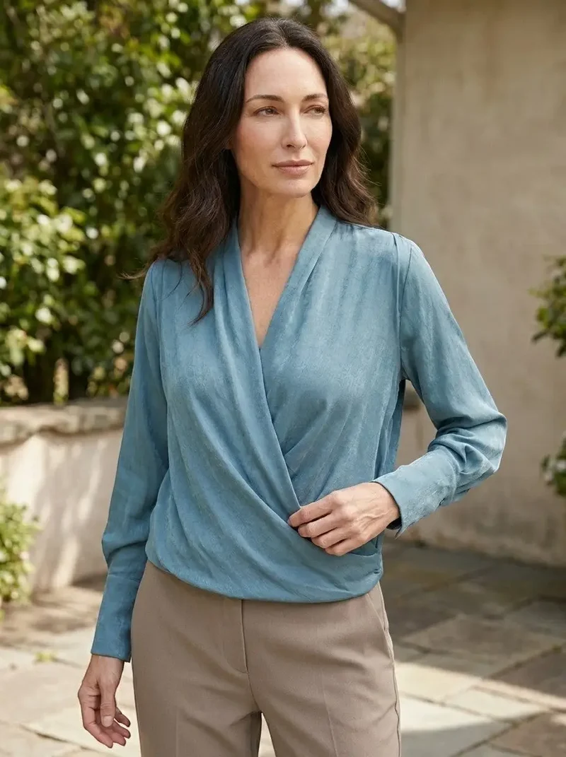 Women's Satin Puff Sleeve Blouse | Elegant V-Neck Top for All Seasons