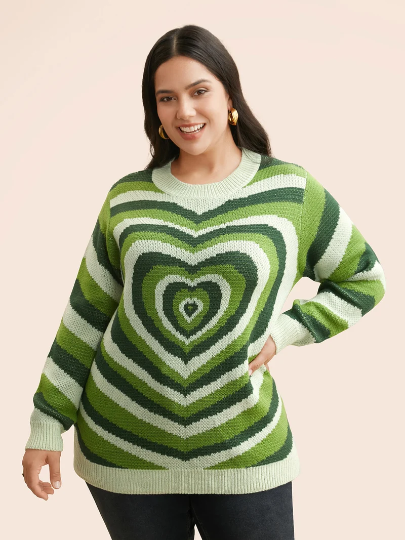 Crew Neck Contrast Heart Jacquard Pullover