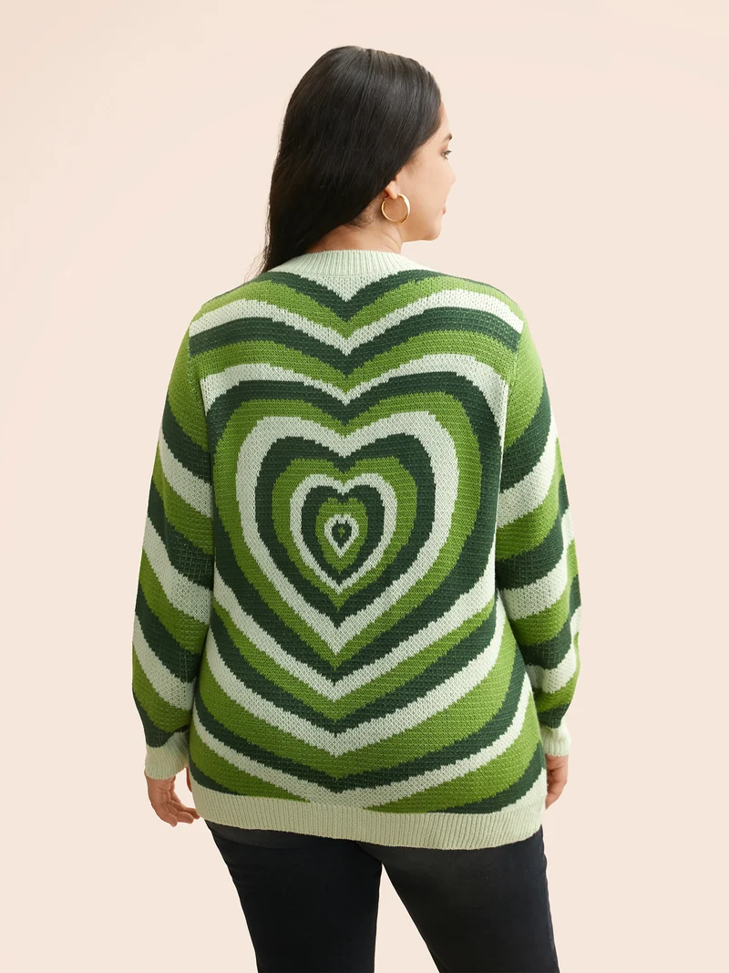 Crew Neck Contrast Heart Jacquard Pullover