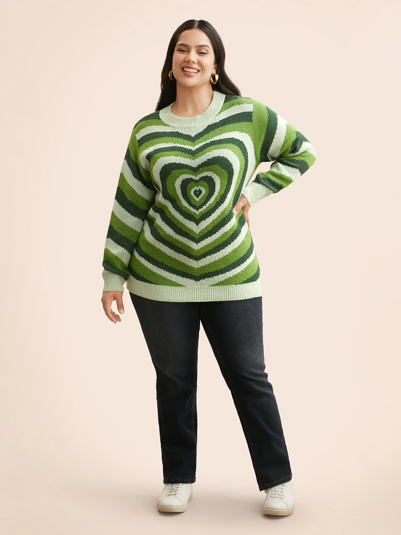 Crew Neck Contrast Heart Jacquard Pullover