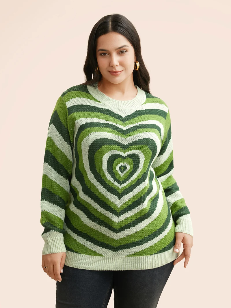 Crew Neck Contrast Heart Jacquard Pullover