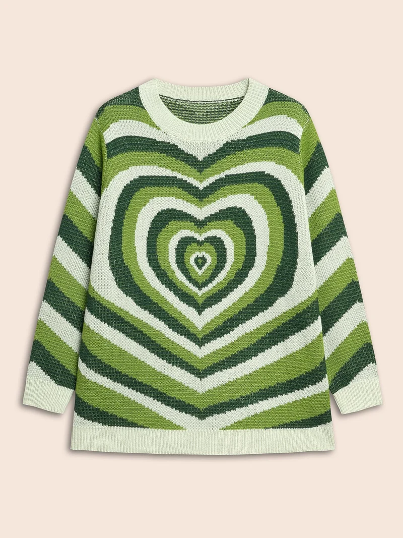 Crew Neck Contrast Heart Jacquard Pullover