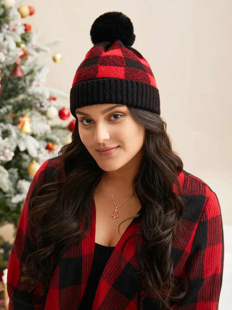 Plaid Fur Ball Contrast Hem Hat