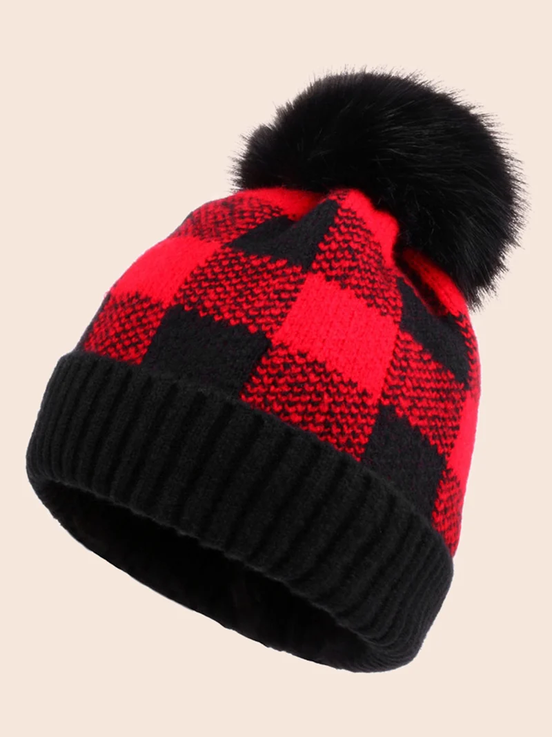 Plaid Fur Ball Contrast Hem Hat