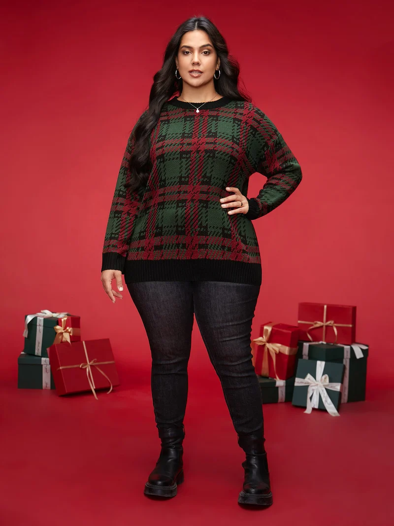 Jacquard Plaid Contrast Hemline Pullover