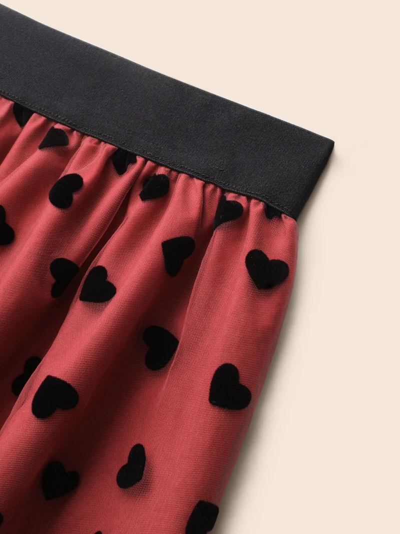 Heart Flocking Tiered Mesh Skirt