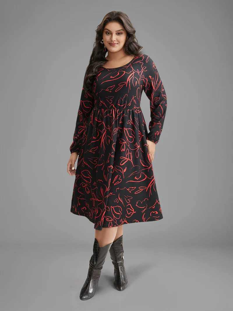 Floral Knit Round Neck Midi Dress